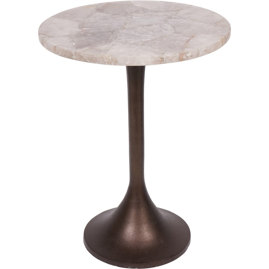 Round side table with marble top and bronze base on a white background
