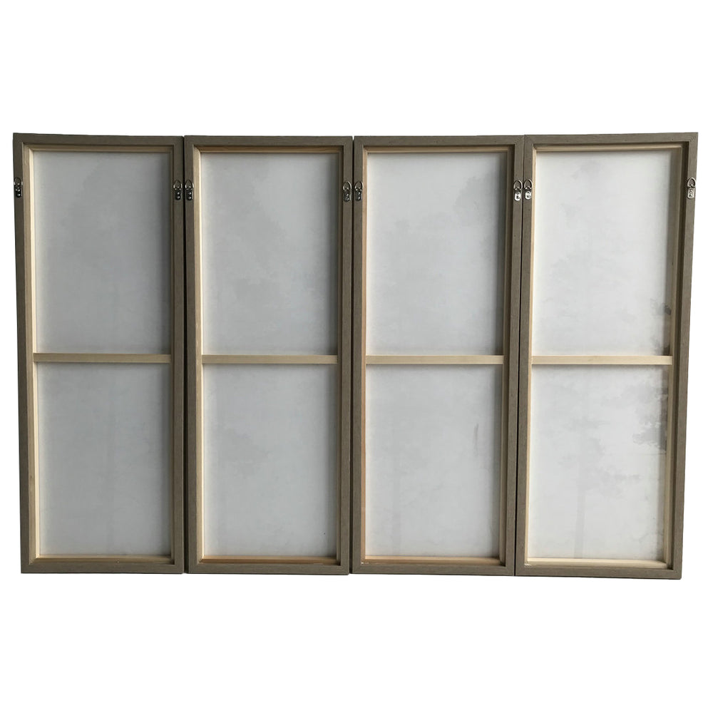 Rear view of four-panel window with wooden frames on a white background