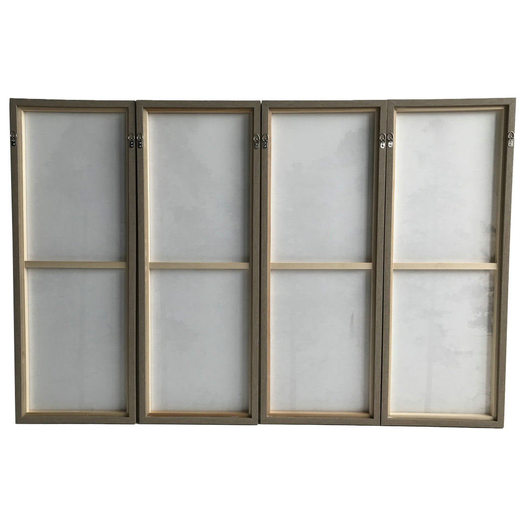Rear view of four-panel window with wooden frames on a white background