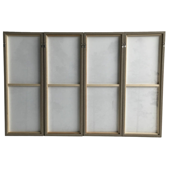 Rear view of four-panel window with wooden frames on a white background