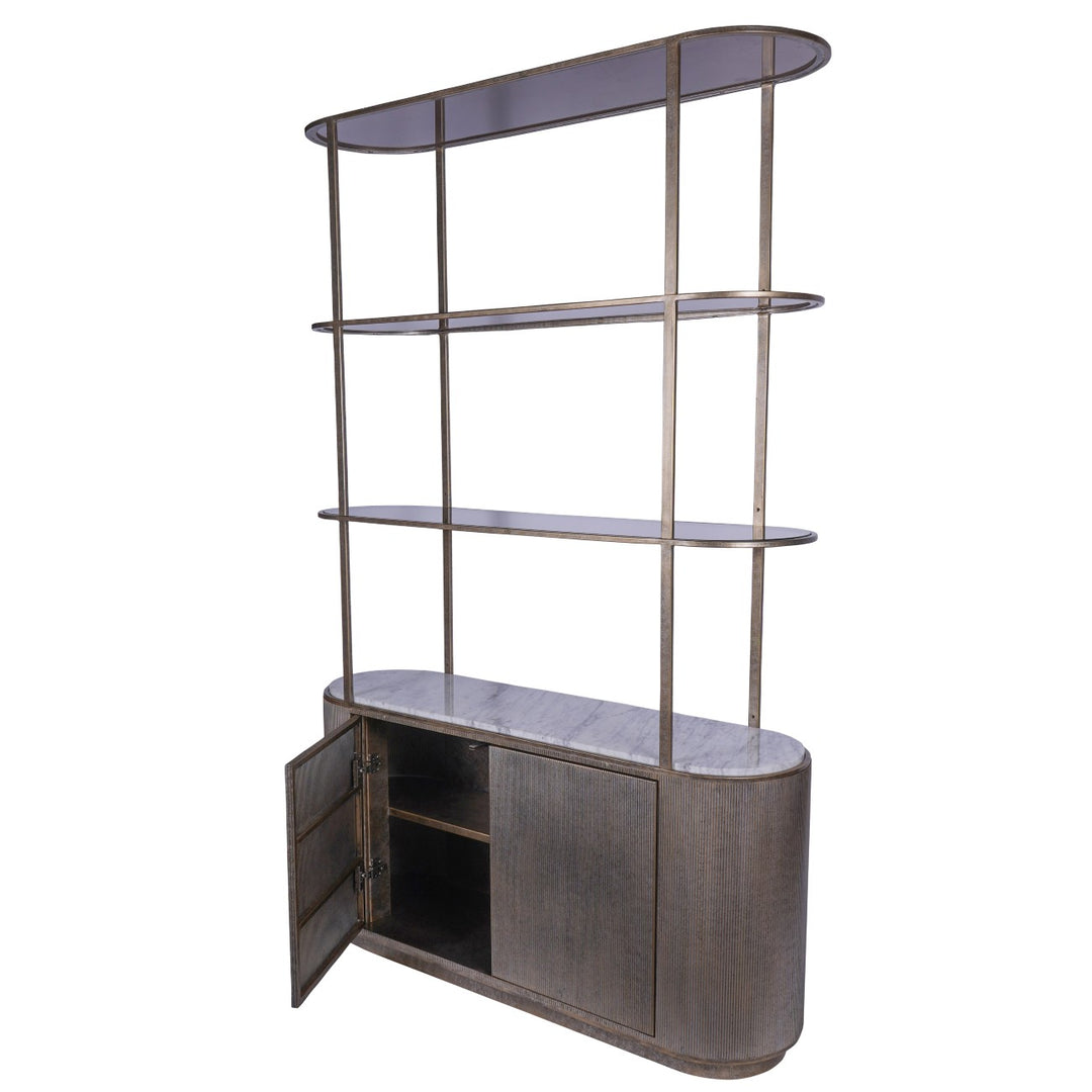 Decorative shelf with glass shelves and a cabinet on a white background