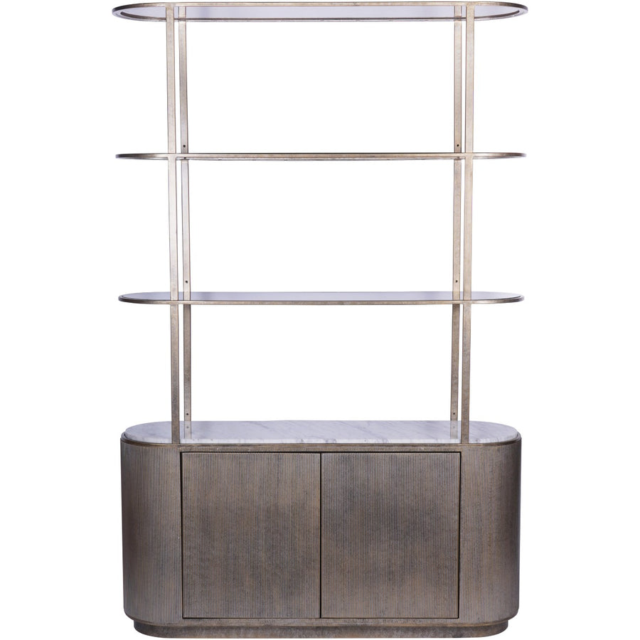 Decorative shelf with glass shelves and a metallic base on a white background