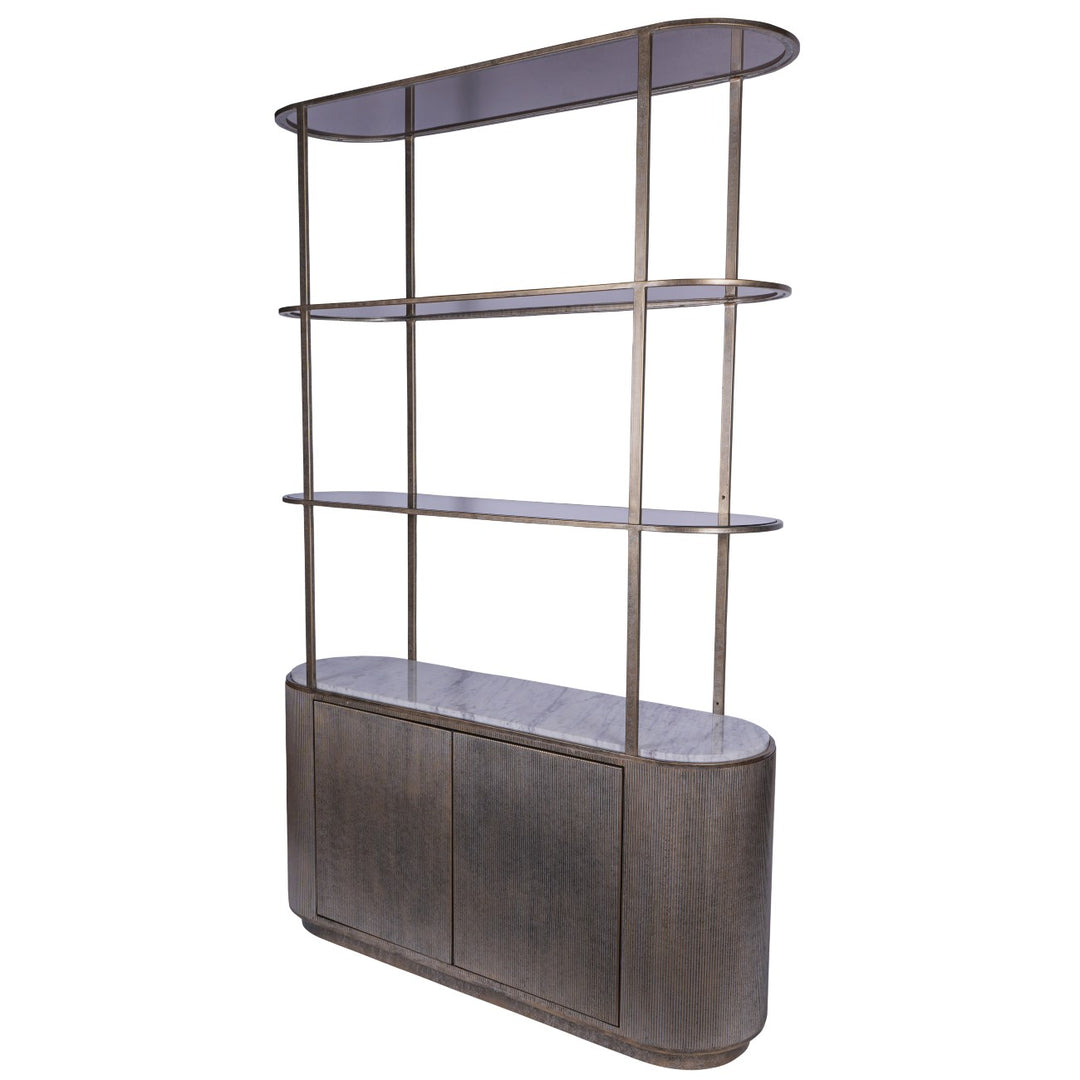 Modern glass shelf with metal frame on a white background