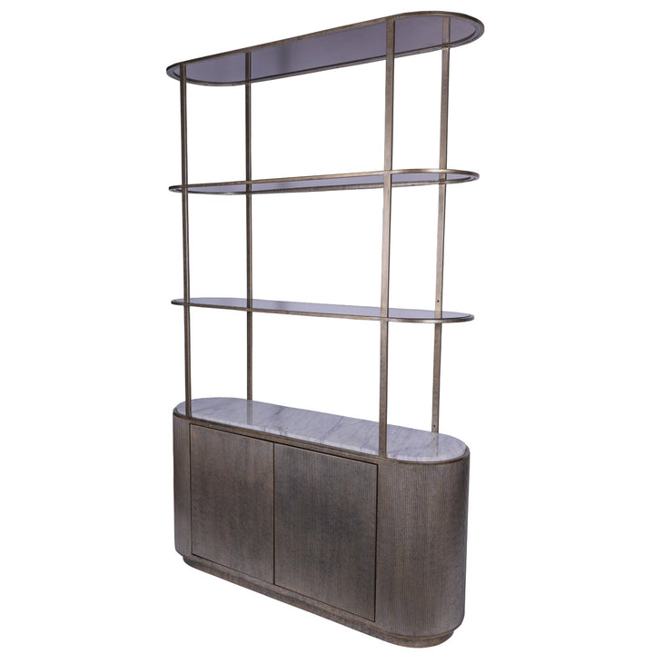 Modern glass shelf with metal frame on a white background