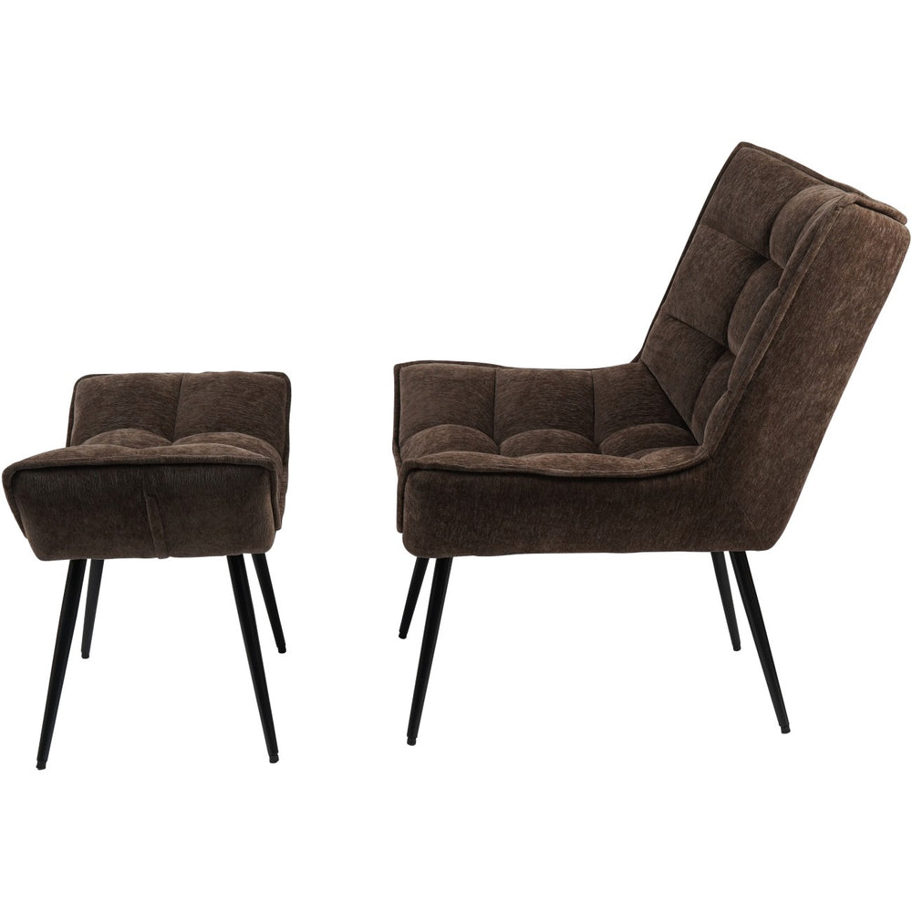 Brown upholstered chair and ottoman on a white background