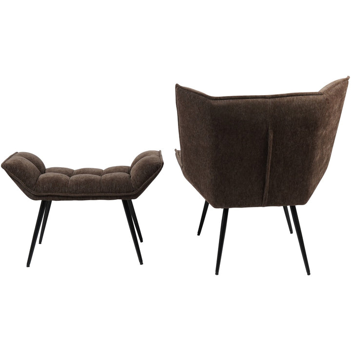 Brown upholstered chair and ottoman on a white background