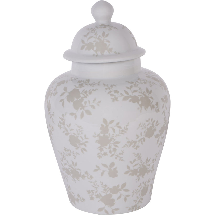 White ceramic jar with floral patterns and a lid on a white background