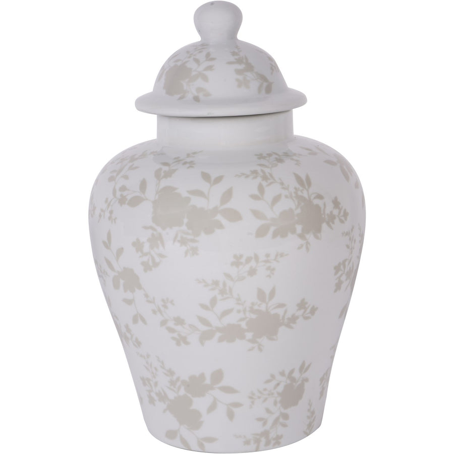 White ceramic jar with floral patterns and a lid on a white background