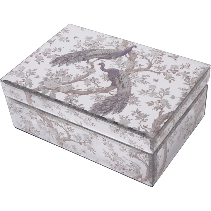Decorative box with peacock design on a white background