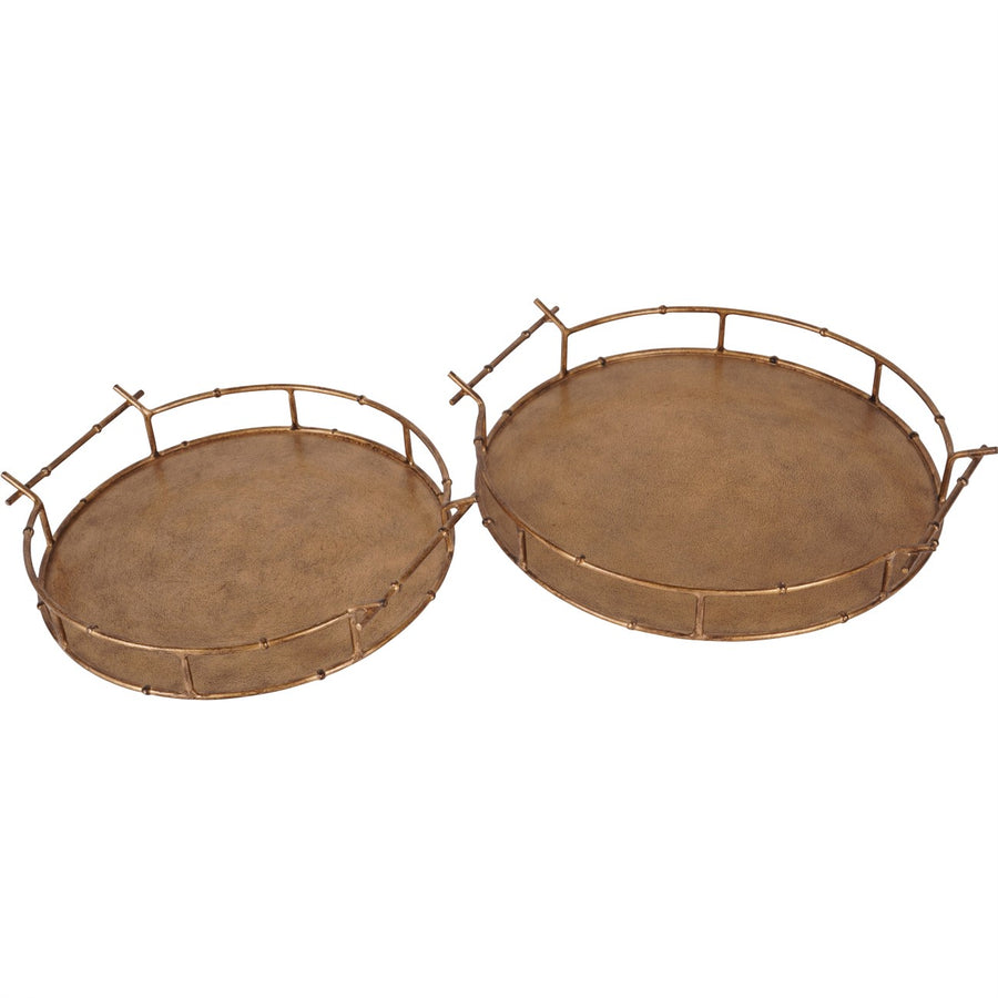 Two round metal trays with decorative handles on a white background