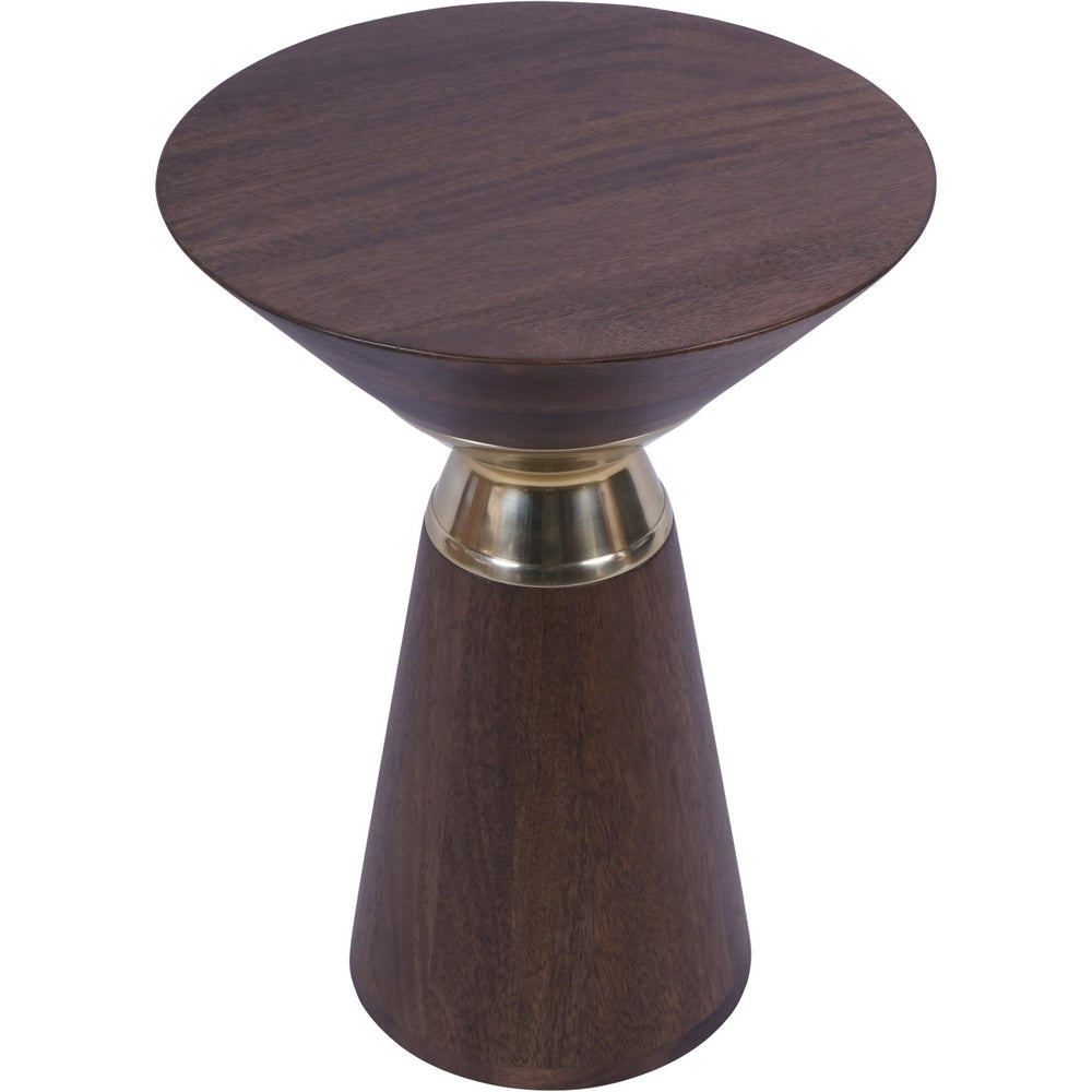Wooden side table with a gold accent on a white background