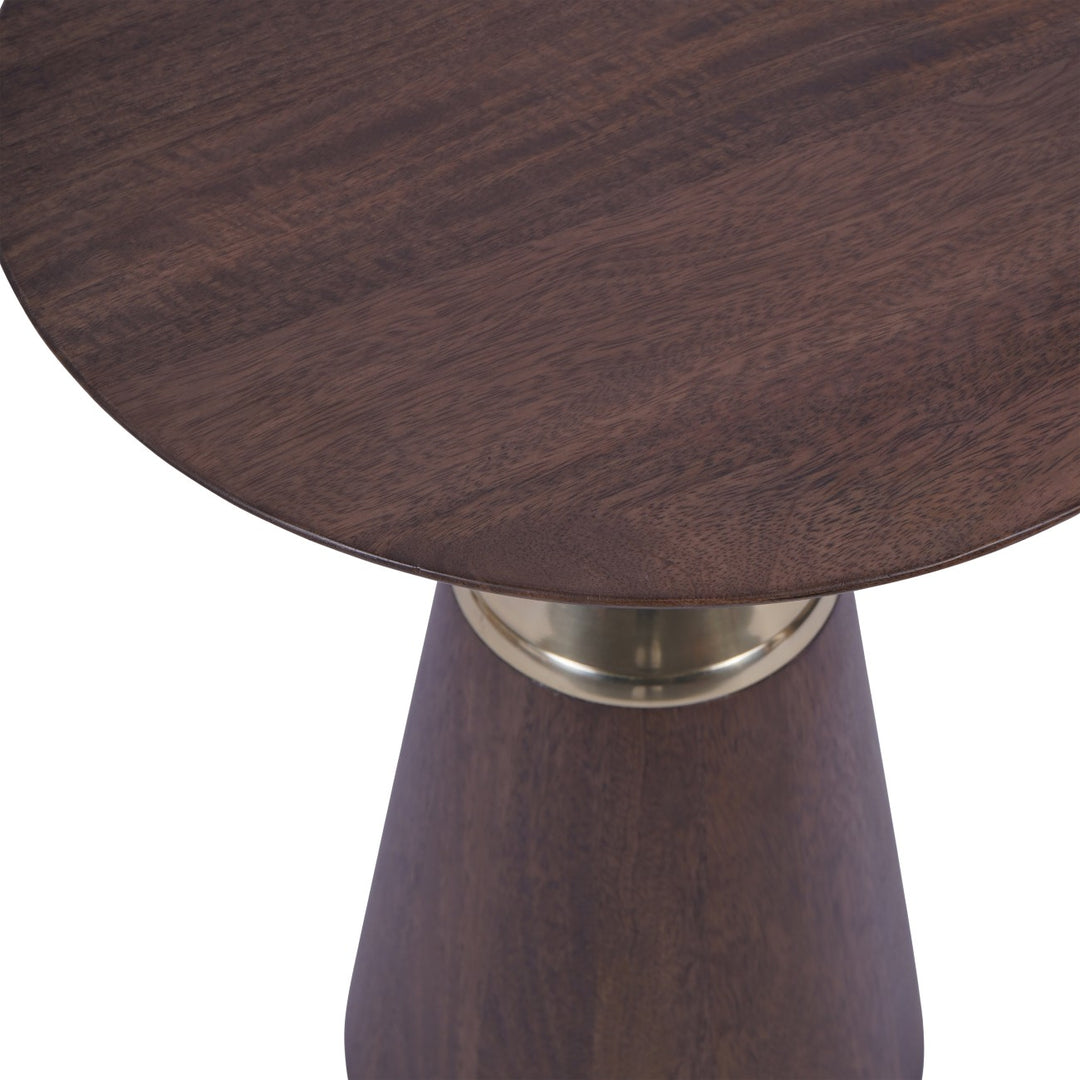 Wooden side table with a brass base on a white background