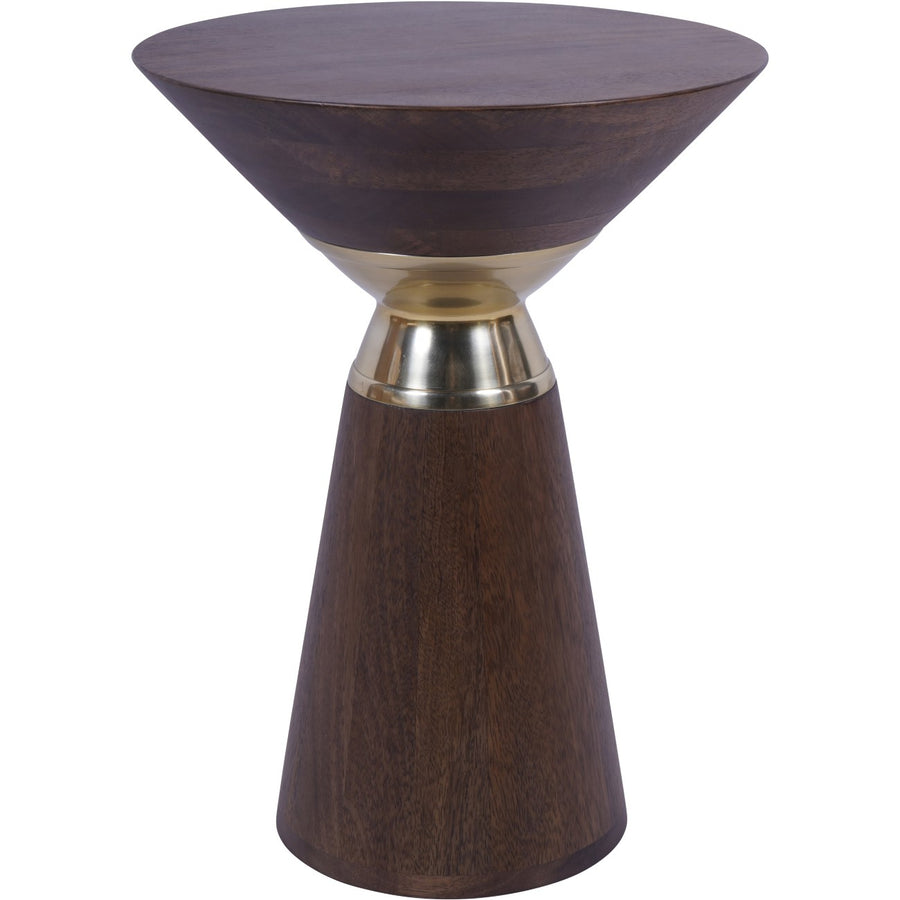 Wooden side table with a gold accent on a white background