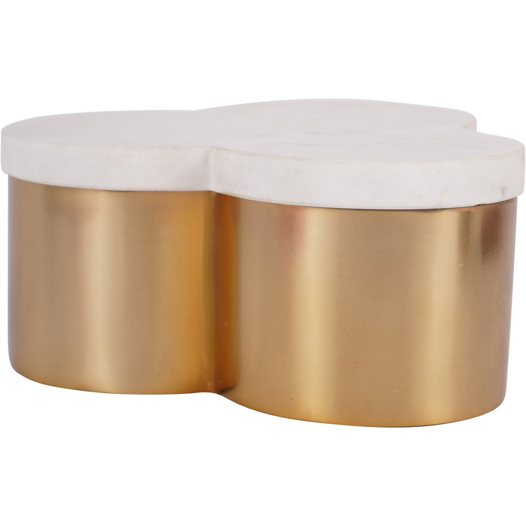 Decorative box with marbled top and gold cylindrical base on a white background
