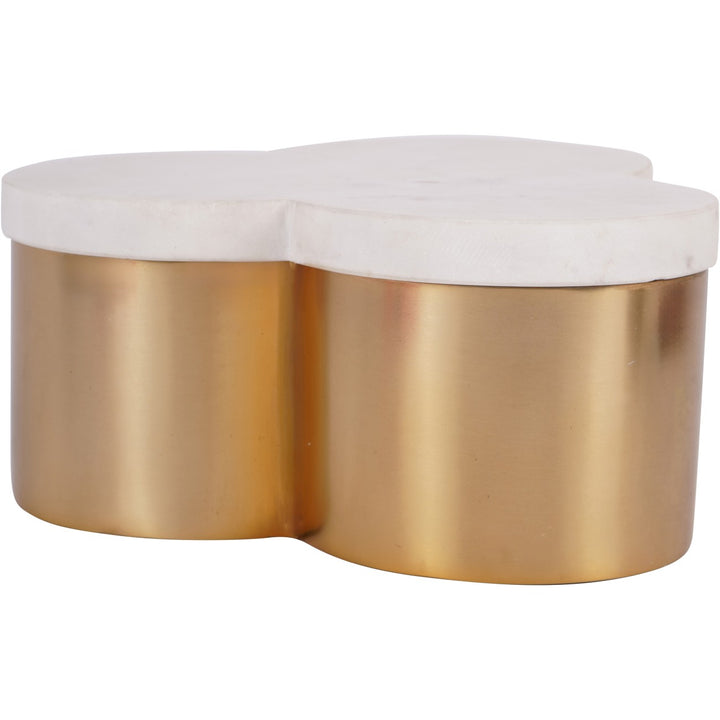 Decorative box with marbled top and gold cylindrical base on a white background