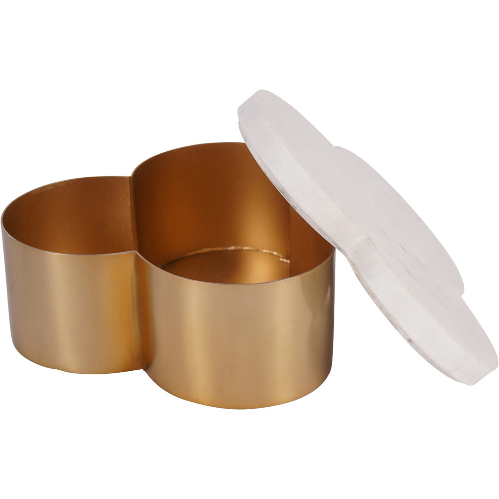 Decorative box with marbled top and gold cylindrical base on a white background
