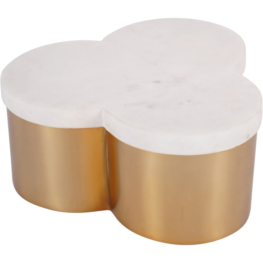 Decorative box with marbled top and gold cylindrical base on a white background