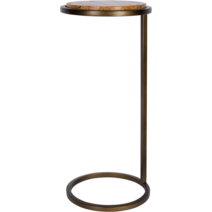 Small round side table with wooden top and metal frame on a white background