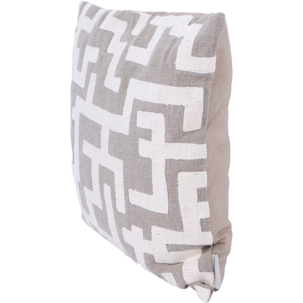 Gray cushion with white geometric pattern on a white background