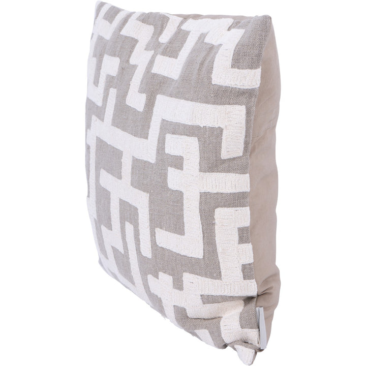 Gray cushion with white geometric pattern on a white background