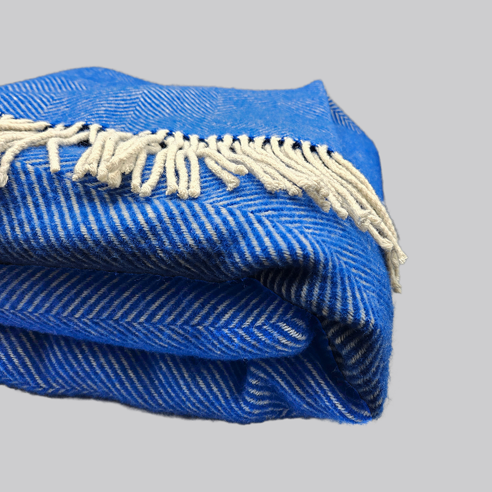 100% New Wool Herringbone Blanket - Cobalt Blue