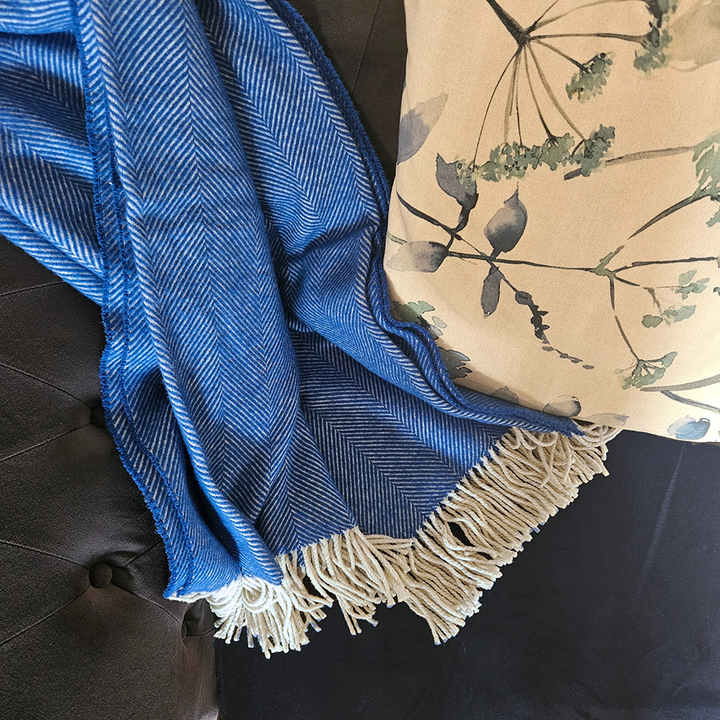 100% New Wool Herringbone Blanket - Cobalt Blue