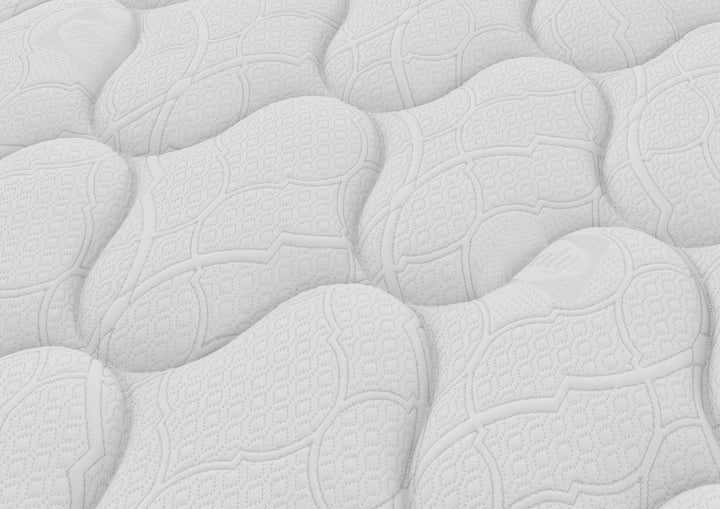 Close-up of a textured white Sealy Duke hospitality mattress surface