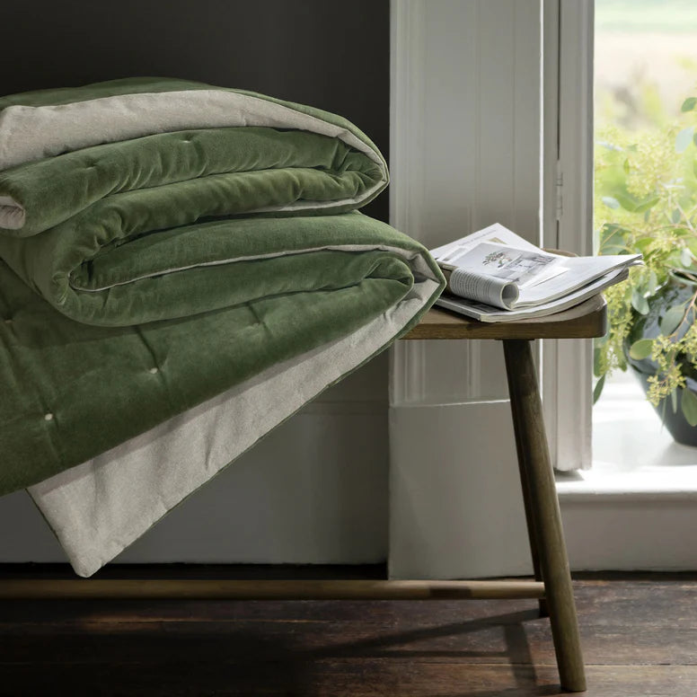 Green and white quilt draped over a wooden chair next to a window with a plant.