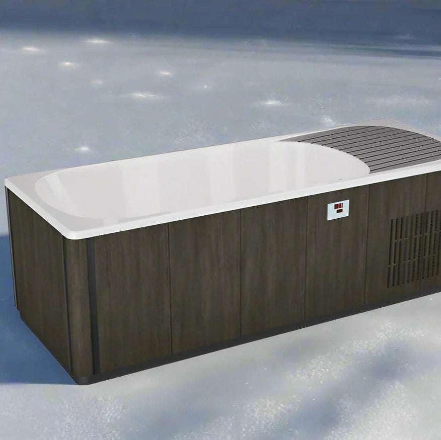Modern outdoor cold plunge with wooden exterior and white interior on a snowy background