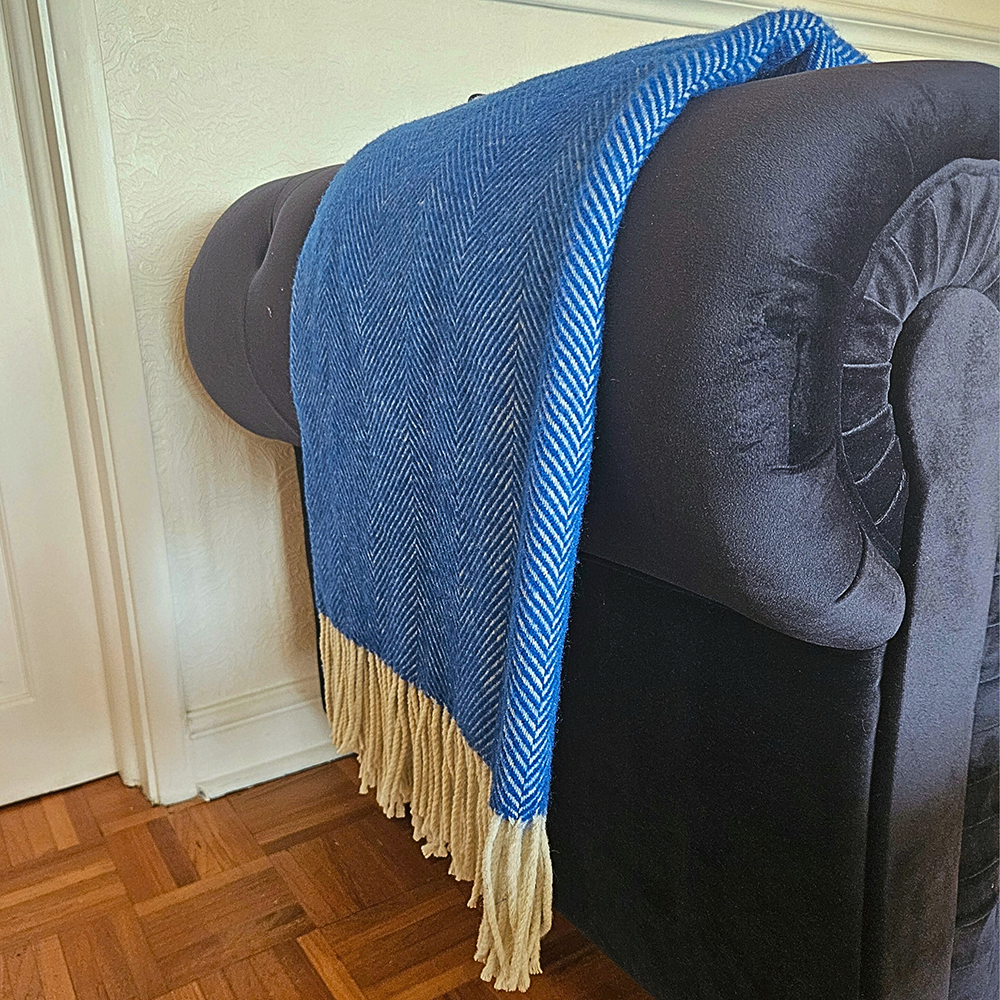 100% New Wool Herringbone Blanket - Cobalt Blue
