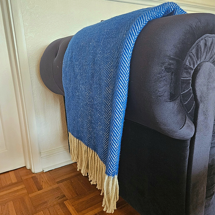 100% New Wool Herringbone Blanket - Cobalt Blue